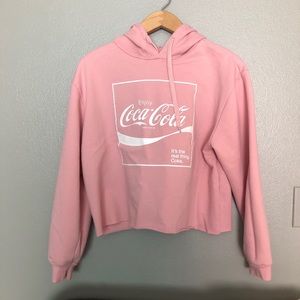 Coca Cola Pink Cropped Hooded Pullover Sweatshirt Women’s XL Logo